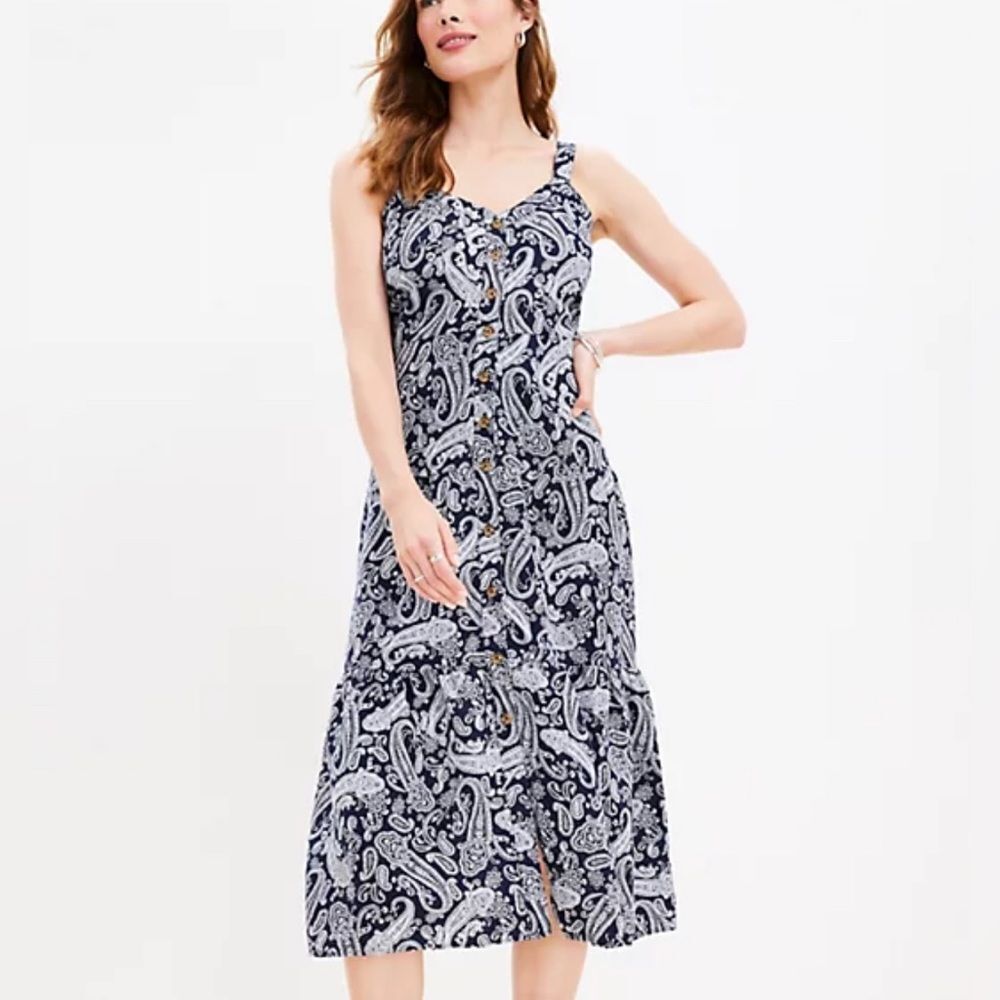NWT Loft Blue Paisley Tiered Linen Blend Midi Dress Size 12